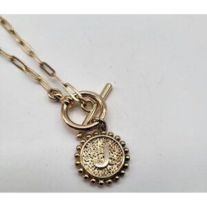 Women's Initial Necklace Gold Plated Paperclip Link Chain Necklace Coin Letter "
